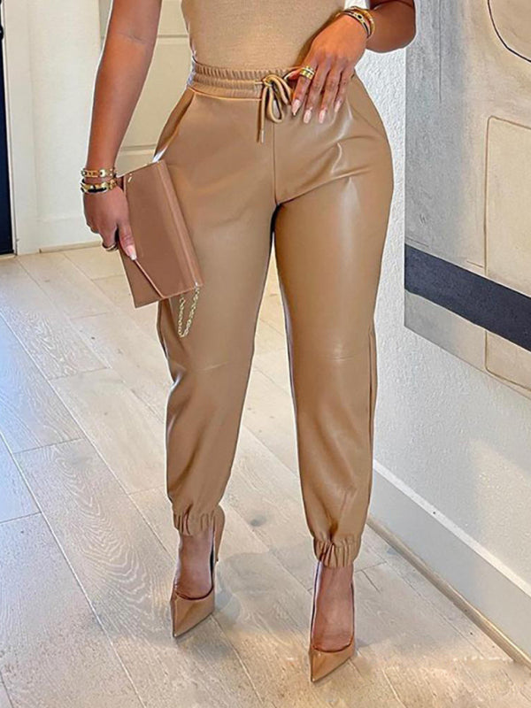 Solid Color Drawstring Pocket Leggings Leather Pants kakaclo