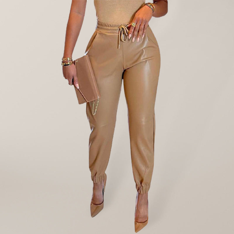 Solid Color Drawstring Pocket Leggings Leather Pants kakaclo
