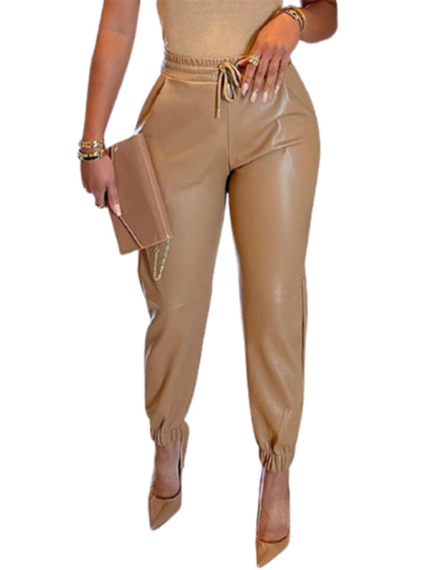 Solid Color Drawstring Pocket Leggings Leather Pants kakaclo