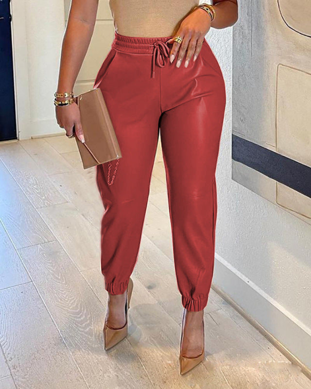 Solid Color Drawstring Pocket Leggings Leather Pants kakaclo