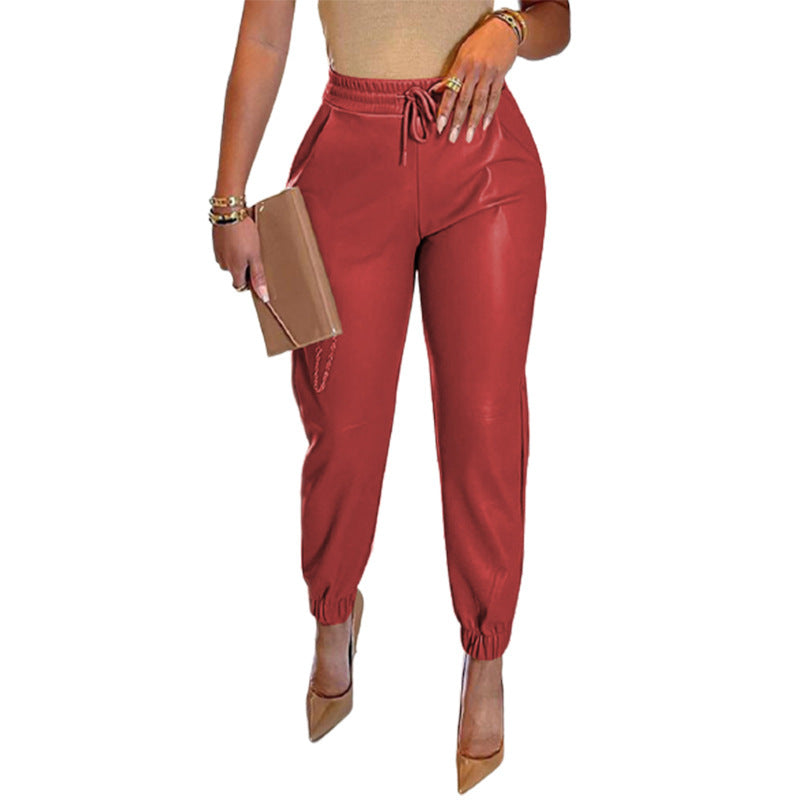 Solid Color Drawstring Pocket Leggings Leather Pants kakaclo