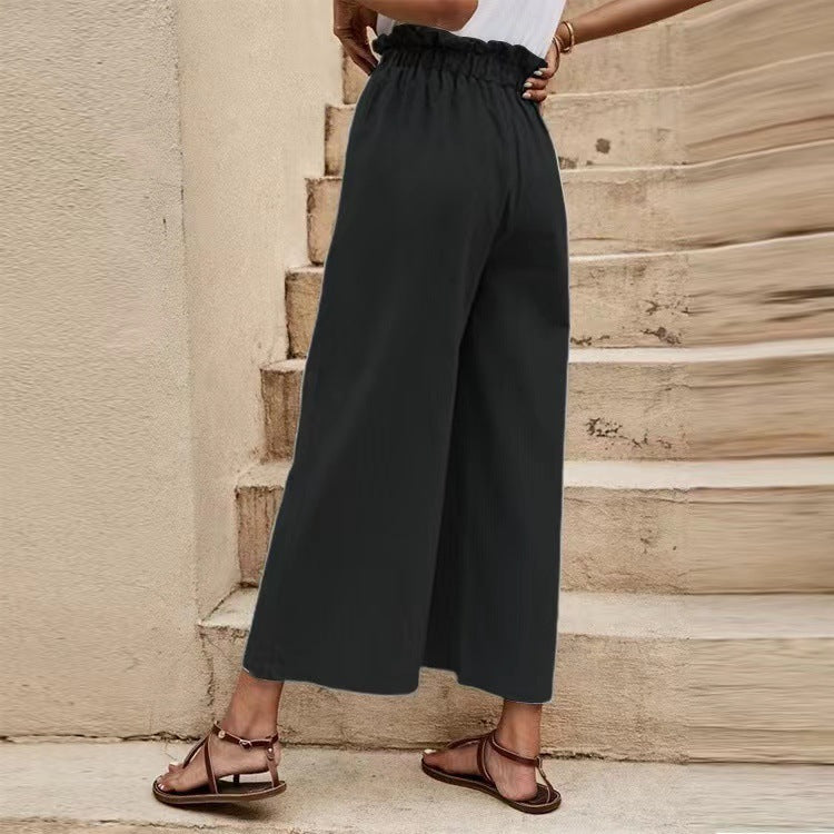 Solid Color Elastic Waist Belted Wide Leg Pants kakaclo