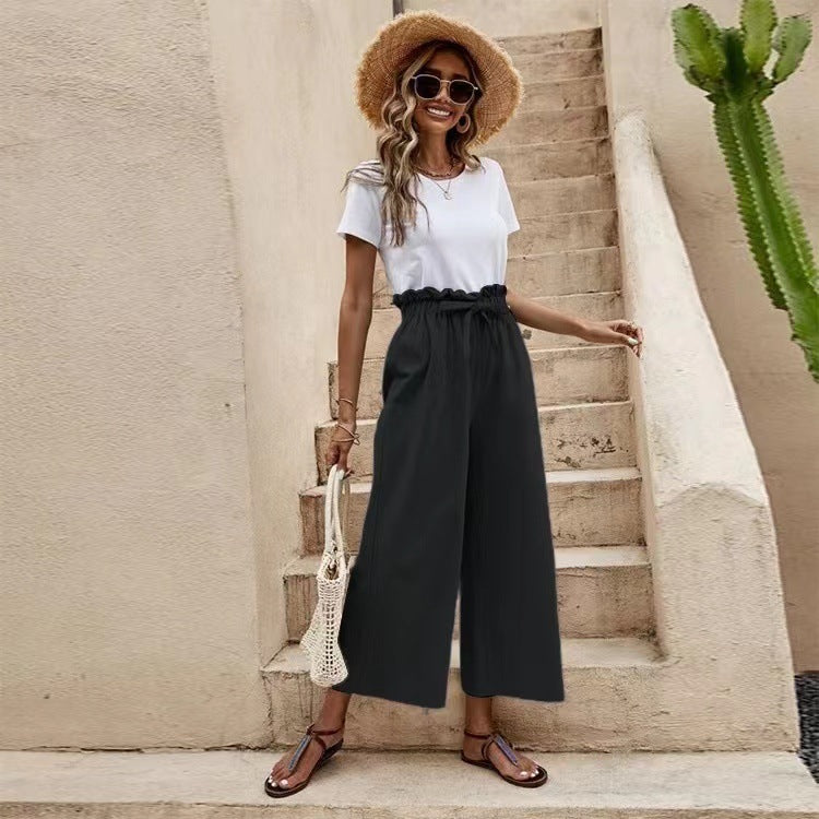 Solid Color Elastic Waist Belted Wide Leg Pants kakaclo
