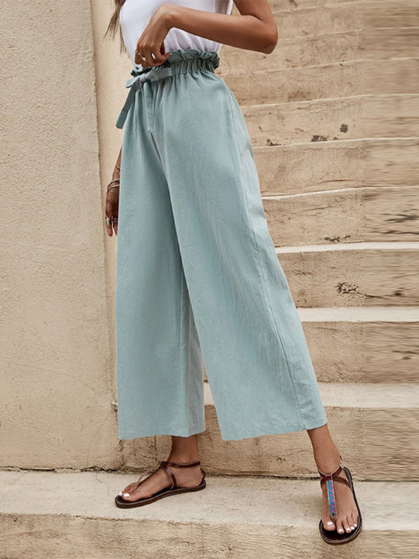 Solid Color Elastic Waist Belted Wide Leg Pants kakaclo
