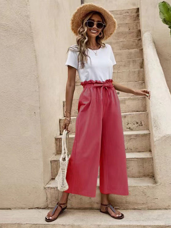 Solid Color Elastic Waist Belted Wide Leg Pants kakaclo