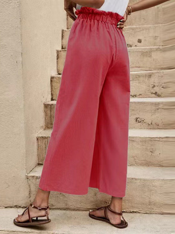 Solid Color Elastic Waist Belted Wide Leg Pants kakaclo