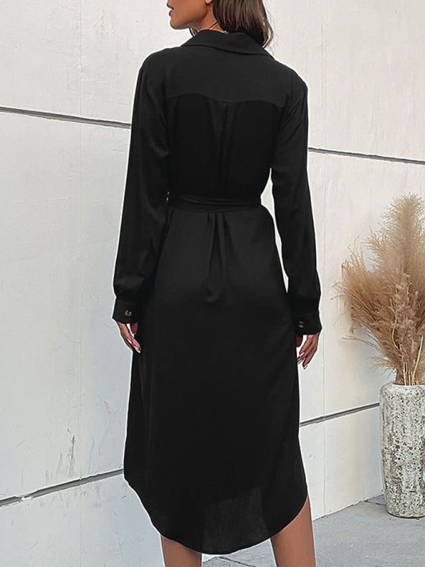 Women's woven lapel long sleeve shirt dress kakaclo