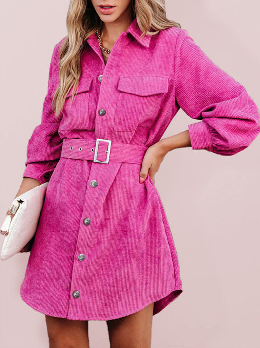 Blue Zone Planet |  solid color corduroy tie shirt dress BLUE ZONE PLANET