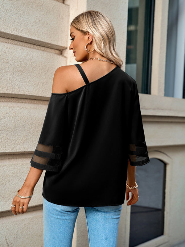 Women's elegant solid color metal buckle one-shoulder blouse kakaclo