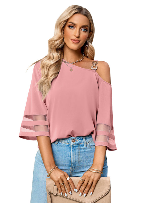 Women's elegant solid color metal buckle one-shoulder blouse kakaclo