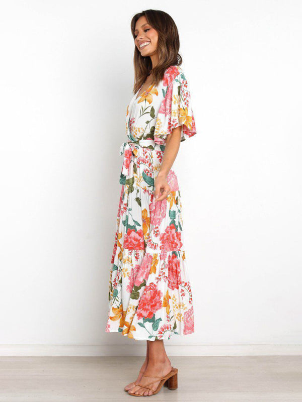Short Sleeve Printed Dress V Neck Holiday Elegant Romantic Dress kakaclo