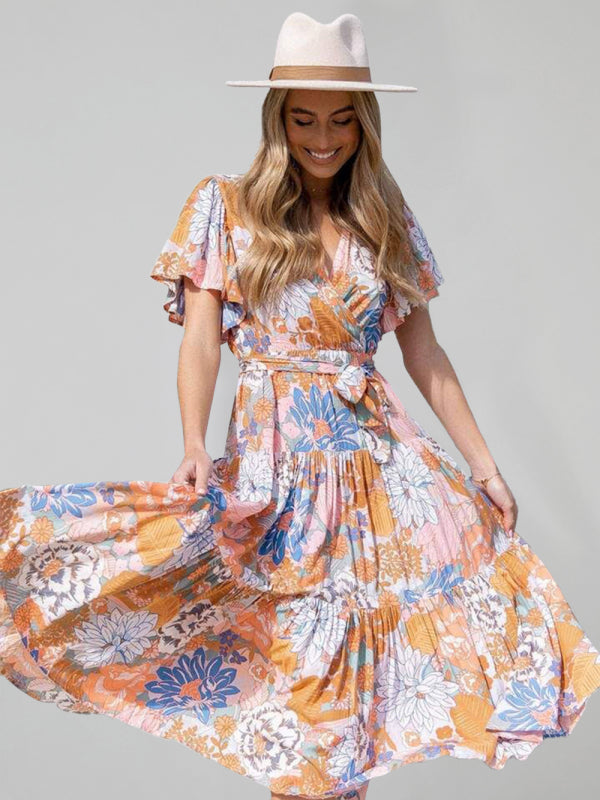 Short Sleeve Printed Dress V Neck Holiday Elegant Romantic Dress kakaclo