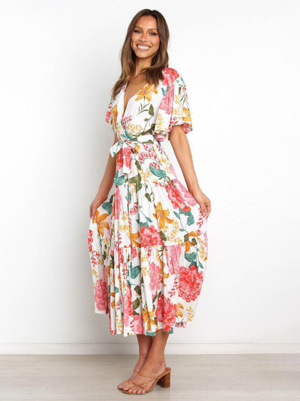 Short Sleeve Printed Dress V Neck Holiday Elegant Romantic Dress kakaclo