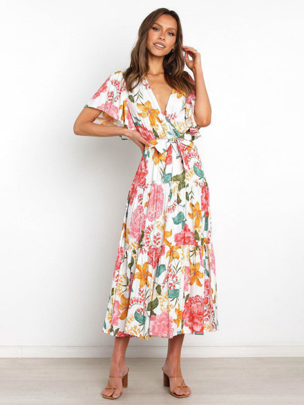 Short Sleeve Printed Dress V Neck Holiday Elegant Romantic Dress kakaclo
