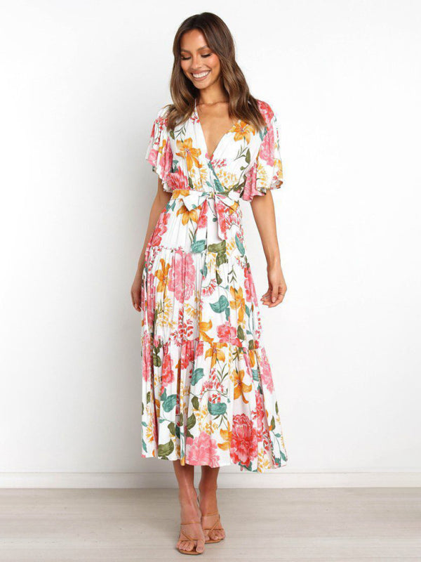 Short Sleeve Printed Dress V Neck Holiday Elegant Romantic Dress kakaclo