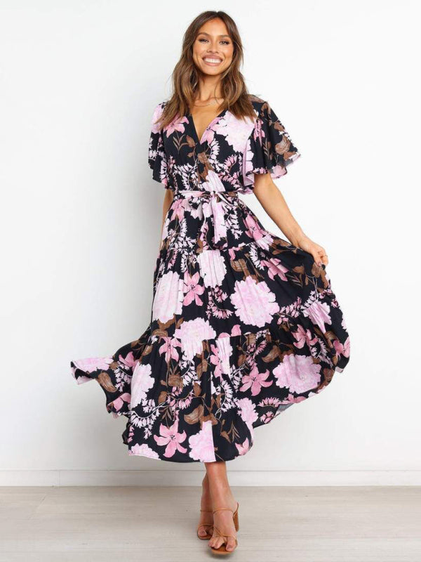 Short Sleeve Printed Dress V Neck Holiday Elegant Romantic Dress kakaclo