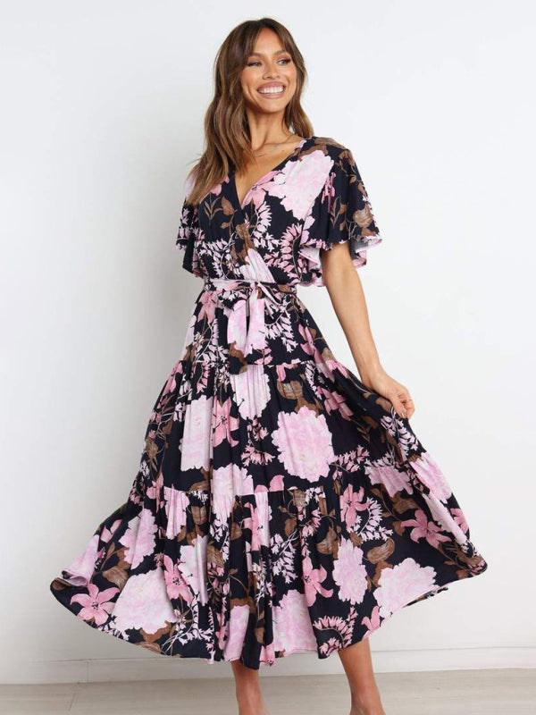 Short Sleeve Printed Dress V Neck Holiday Elegant Romantic Dress kakaclo