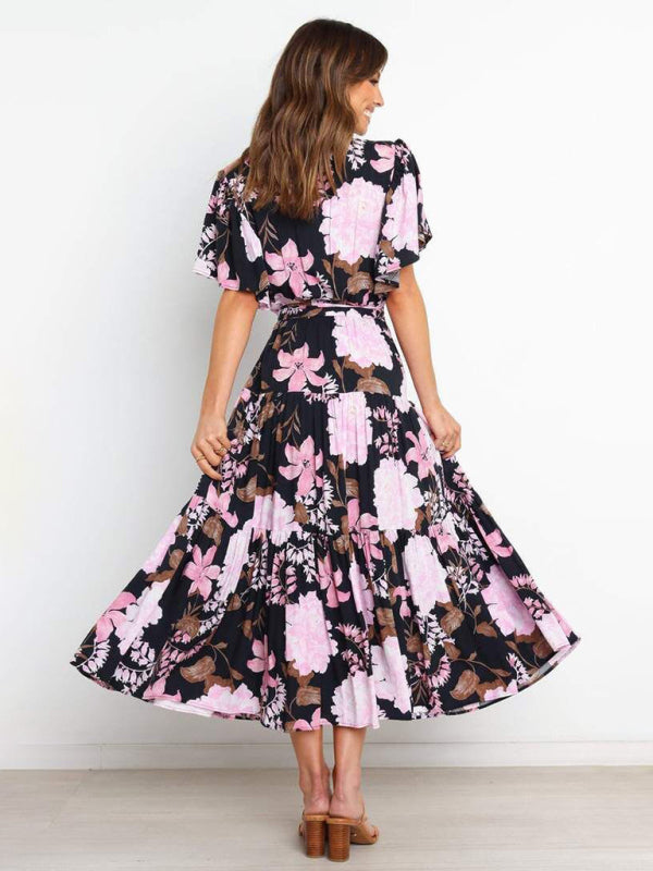 Short Sleeve Printed Dress V Neck Holiday Elegant Romantic Dress kakaclo