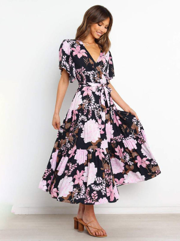 Short Sleeve Printed Dress V Neck Holiday Elegant Romantic Dress kakaclo