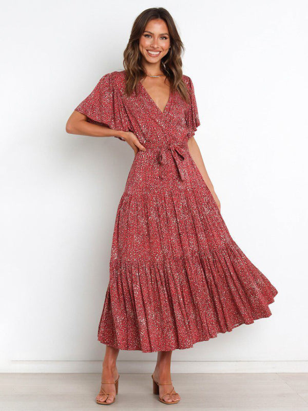 Short Sleeve Printed Dress V Neck Holiday Elegant Romantic Dress kakaclo
