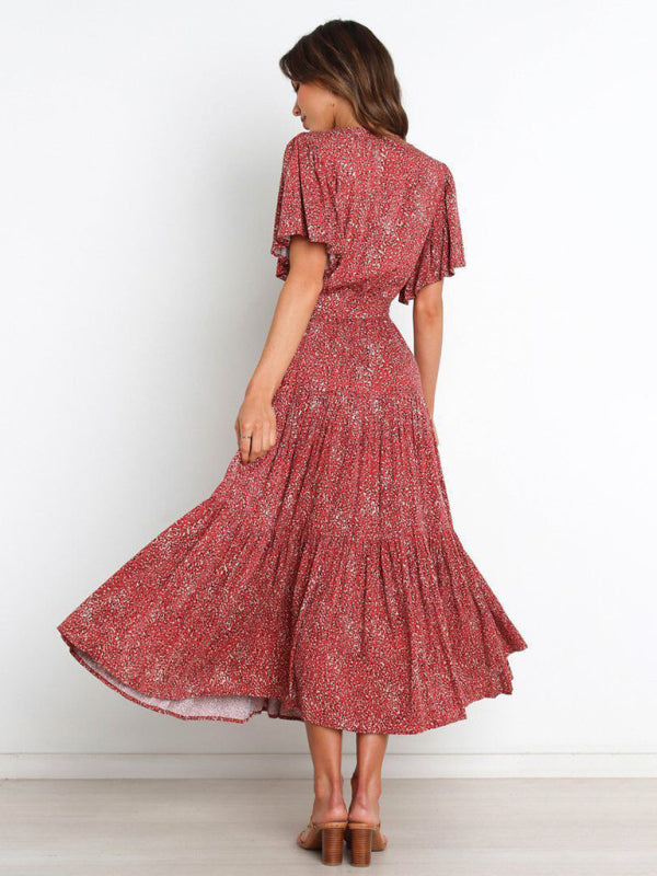 Short Sleeve Printed Dress V Neck Holiday Elegant Romantic Dress kakaclo