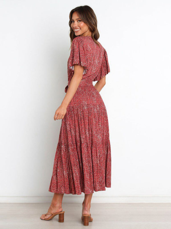 Short Sleeve Printed Dress V Neck Holiday Elegant Romantic Dress kakaclo