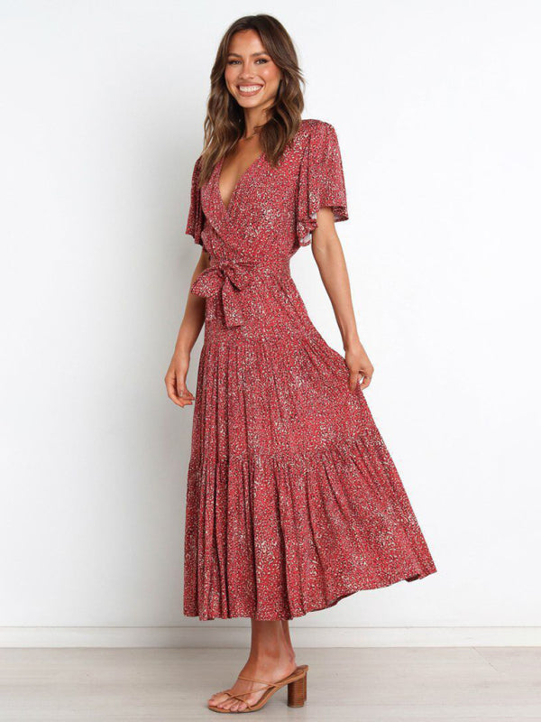 Short Sleeve Printed Dress V Neck Holiday Elegant Romantic Dress kakaclo