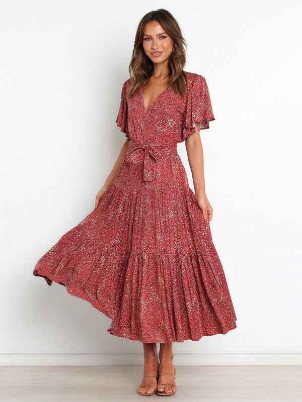 Short Sleeve Printed Dress V Neck Holiday Elegant Romantic Dress kakaclo