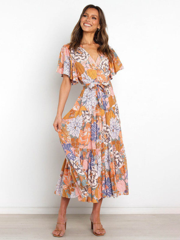 Short Sleeve Printed Dress V Neck Holiday Elegant Romantic Dress kakaclo