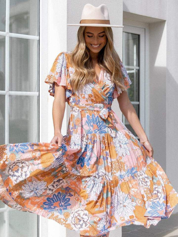 Short Sleeve Printed Dress V Neck Holiday Elegant Romantic Dress kakaclo