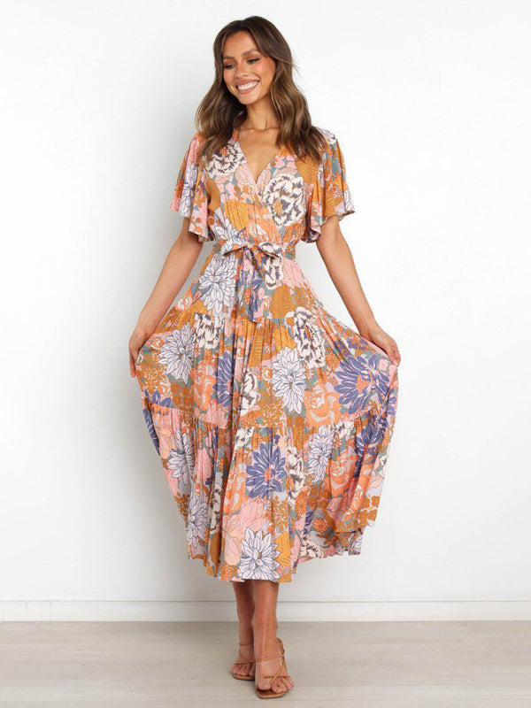 Short Sleeve Printed Dress V Neck Holiday Elegant Romantic Dress kakaclo