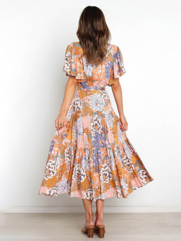 Short Sleeve Printed Dress V Neck Holiday Elegant Romantic Dress kakaclo