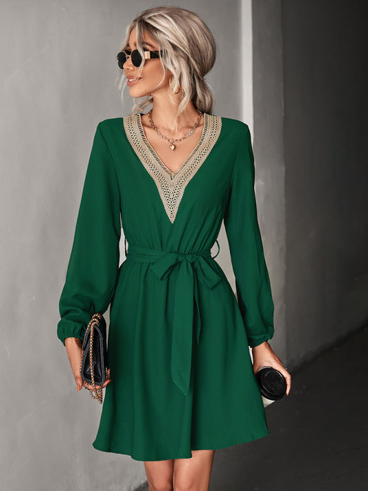 Blue Zone Planet |  Elegant V Neck Lace Long Sleeve Slim Classic Dress BLUE ZONE PLANET
