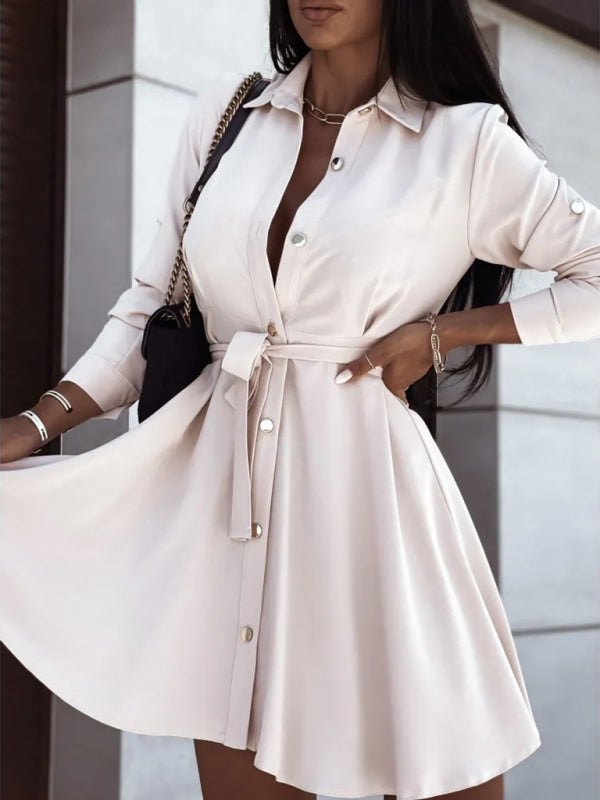 Blue Zone Planet | Women's solid lapel button tie dress kakaclo