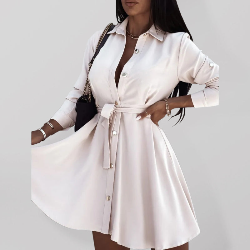 Blue Zone Planet | Women's solid lapel button tie dress kakaclo