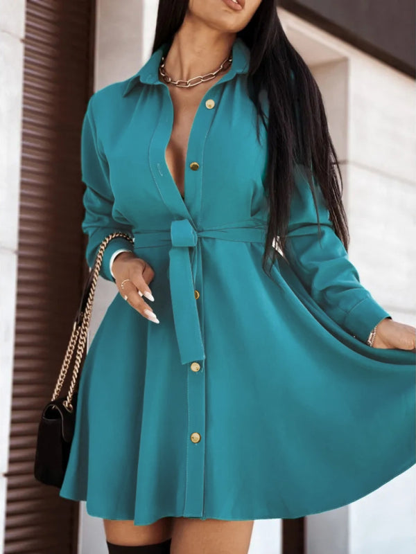 Blue Zone Planet | Women's solid lapel button tie dress kakaclo