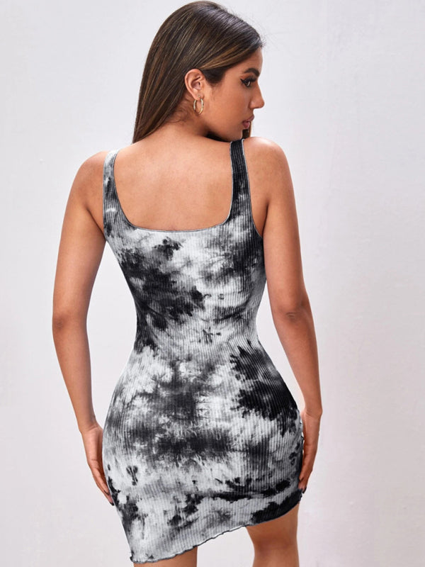 Blue Zone Planet |  Sexy slim tie-dye print wrap hip skirt vest camisole dress European and American kakaclo