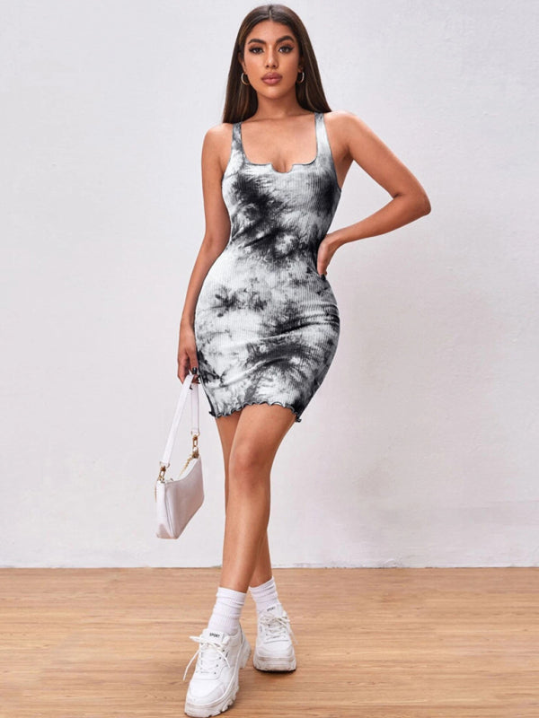 Blue Zone Planet |  Sexy slim tie-dye print wrap hip skirt vest camisole dress European and American kakaclo