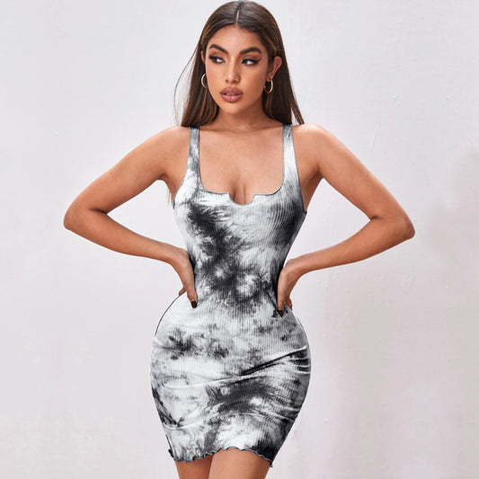 Blue Zone Planet |  Sexy slim tie-dye print wrap hip skirt vest camisole dress European and American kakaclo
