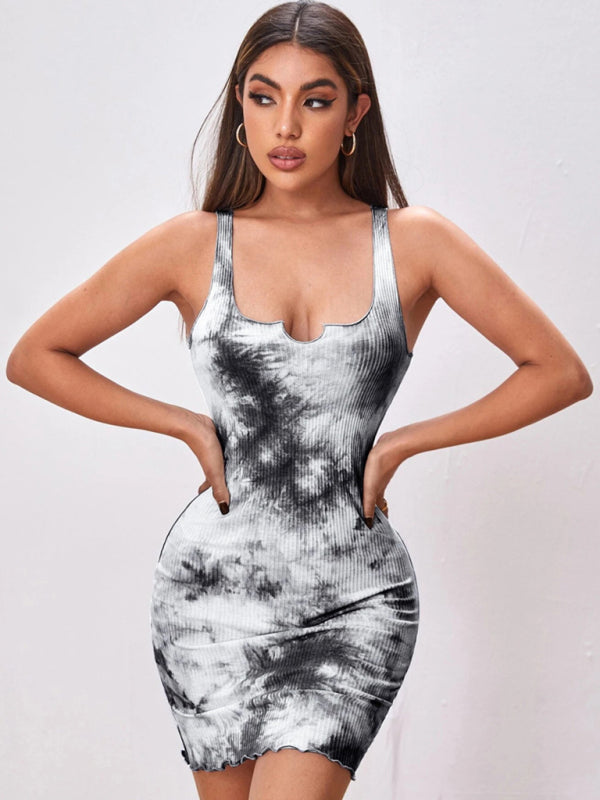 Blue Zone Planet |  Sexy slim tie-dye print wrap hip skirt vest camisole dress European and American kakaclo