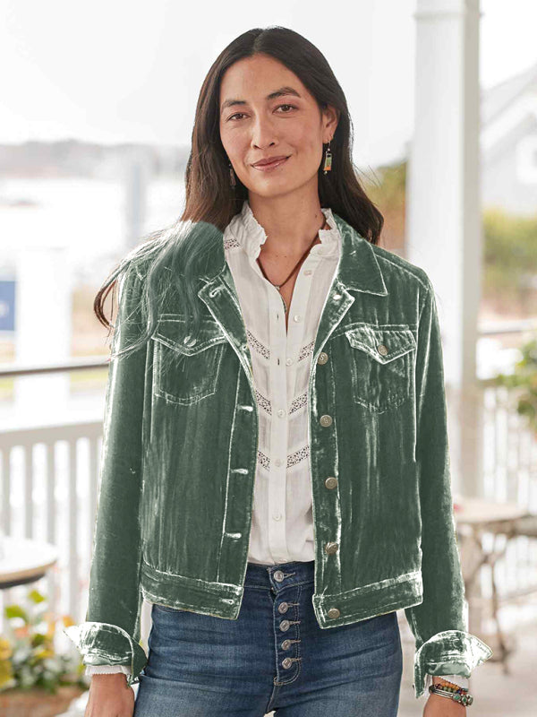 Women's Gold Velvet Cropped Cargo Jacket BLUE ZONE PLANET