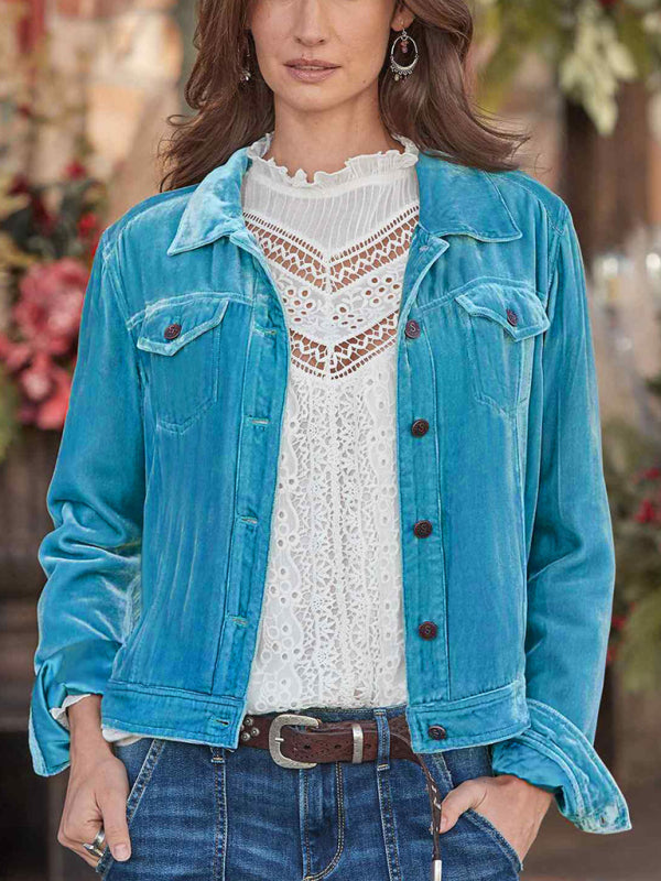 Women's Gold Velvet Cropped Cargo Jacket BLUE ZONE PLANET