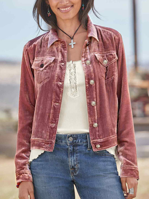 Women's Gold Velvet Cropped Cargo Jacket BLUE ZONE PLANET