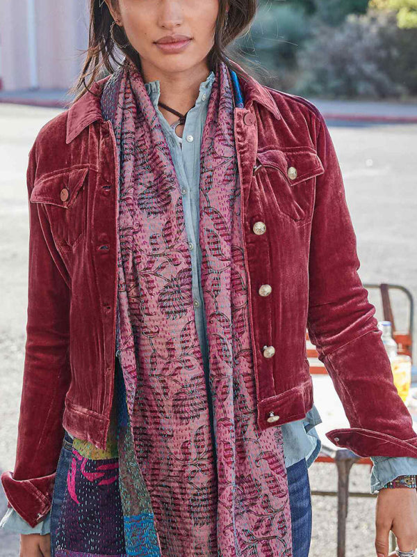 Women's Gold Velvet Cropped Cargo Jacket BLUE ZONE PLANET