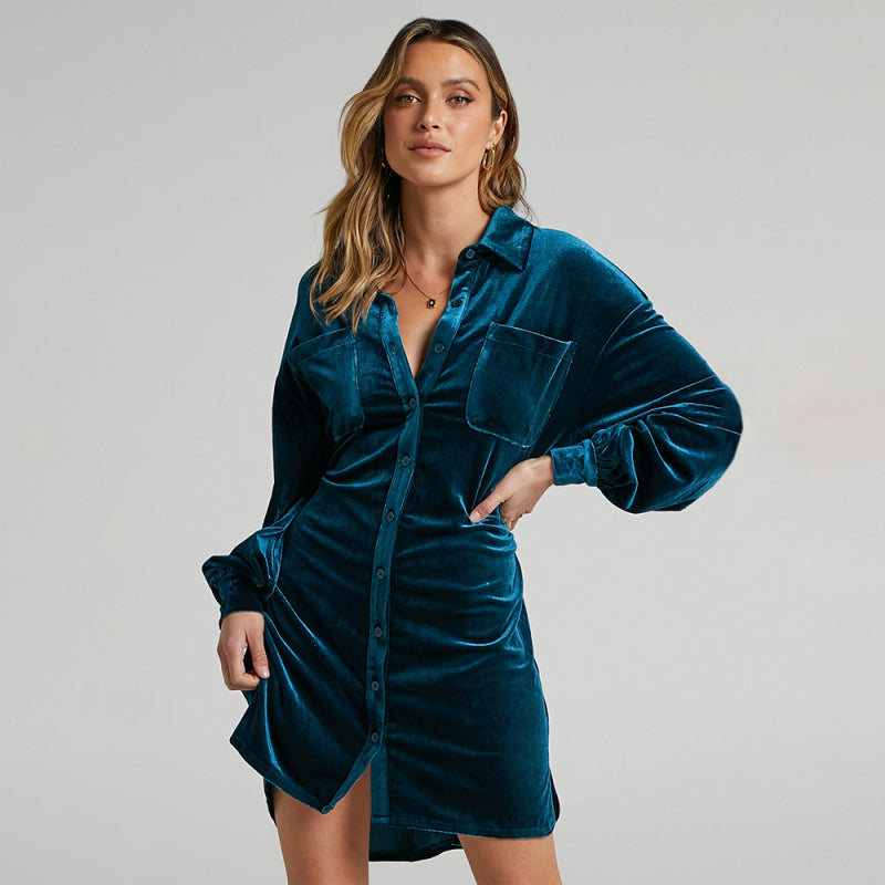 Blue Zone Planet |  Gold Velvet Shirt Style Lapel Balloon Sleeve Dress BLUE ZONE PLANET
