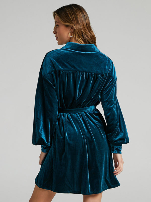 Blue Zone Planet |  Gold Velvet Shirt Style Lapel Balloon Sleeve Dress BLUE ZONE PLANET