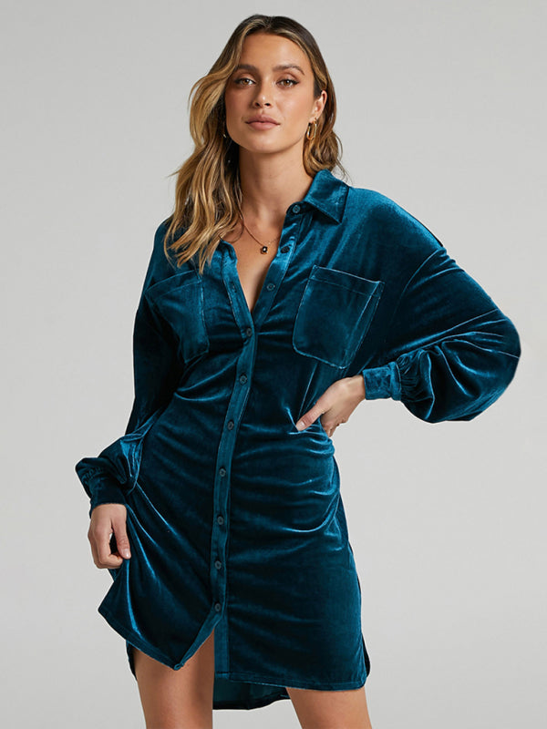 Blue Zone Planet |  Gold Velvet Shirt Style Lapel Balloon Sleeve Dress BLUE ZONE PLANET