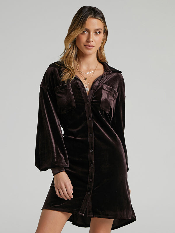 Blue Zone Planet |  Gold Velvet Shirt Style Lapel Balloon Sleeve Dress BLUE ZONE PLANET