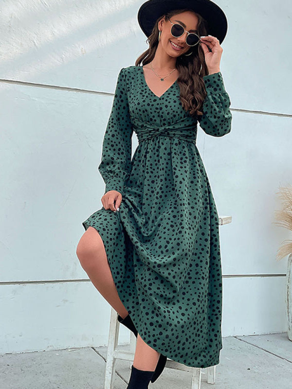 Blue Zone Planet | Woven Polka Dot Knotted Long Sleeve Dress BLUE ZONE PLANET