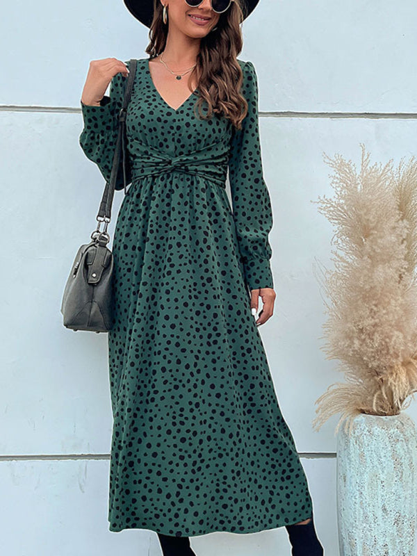 Blue Zone Planet | Woven Polka Dot Knotted Long Sleeve Dress BLUE ZONE PLANET